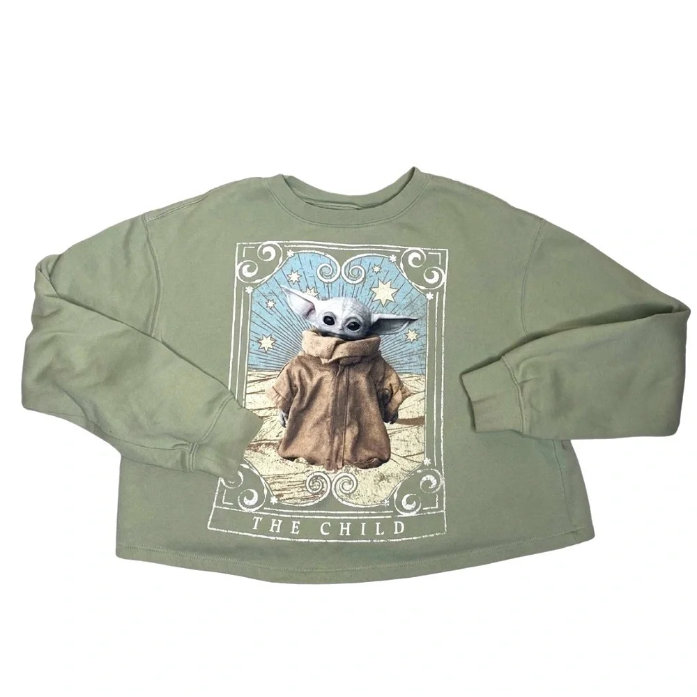 Baby Yoda Grogu Cropped Sweatshirt Sage Green Sz Sm